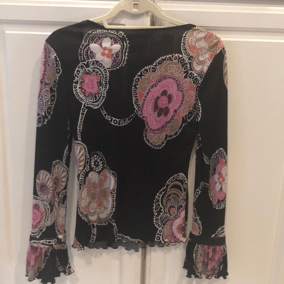 Trina Turk Black Multicolor V-Neck Boho Silk Top w/ Bell Sleeves - Picture 9 of 9